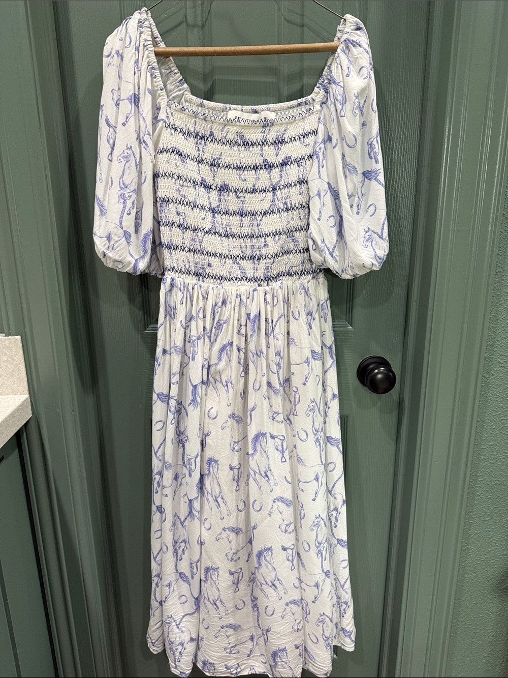 JessaKae White Midi Dress with Blue Horse Print